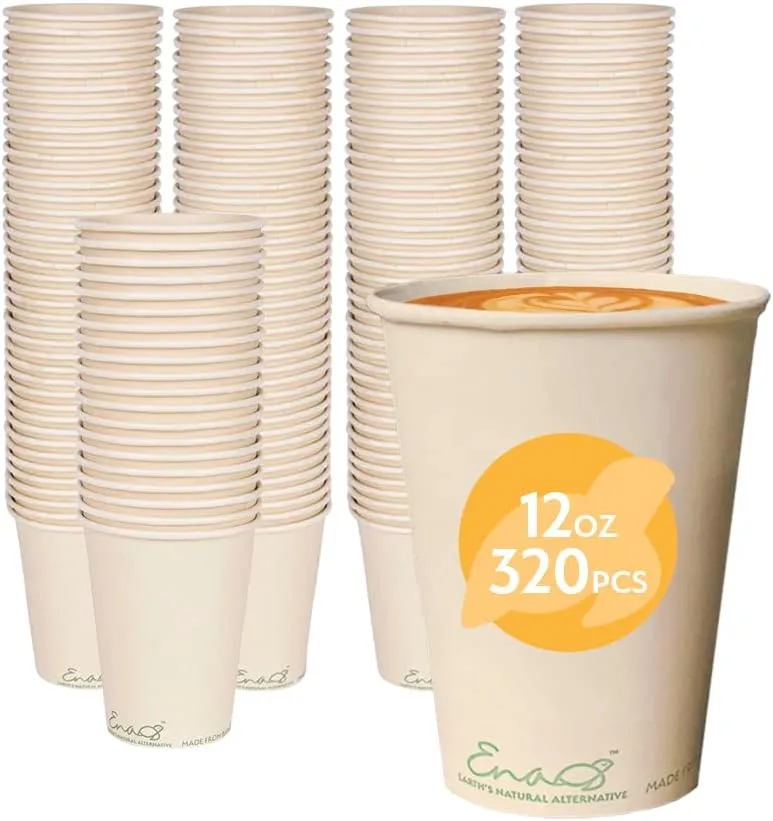 100% Compostable Disposable Coffee Cups 12oz or 16oz, 320 Pack Paper Cups Made from Bamboo, Eco-Friendly, Biodegradable Unbleached Party Cups