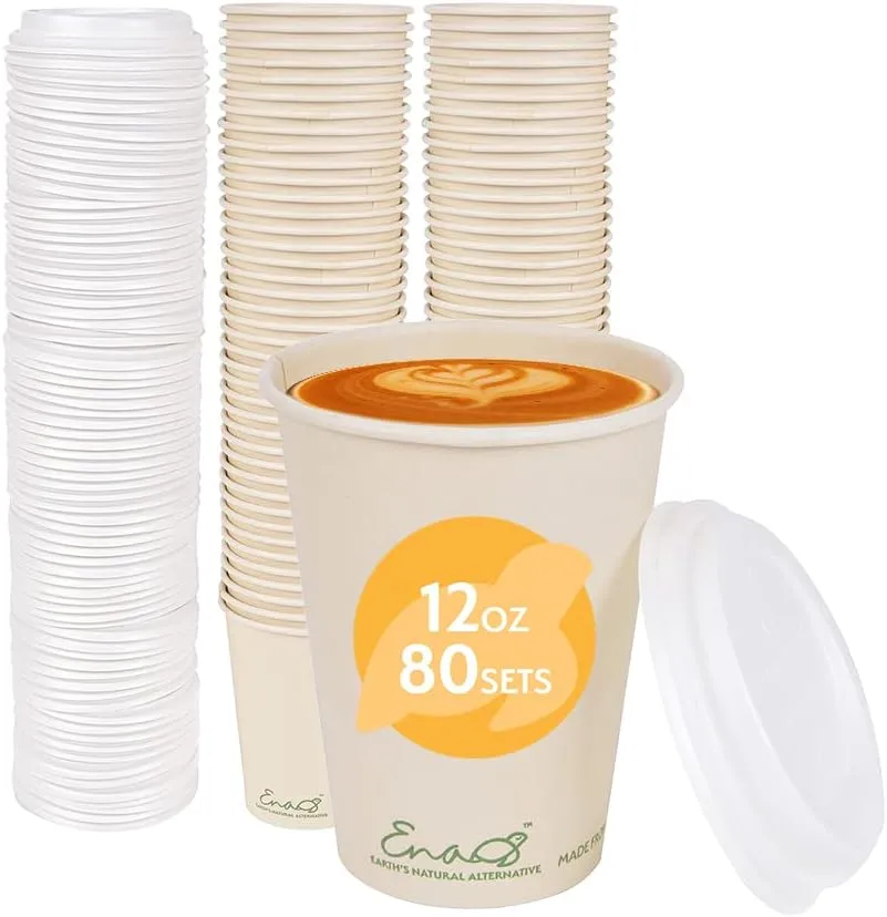 100% Compostable Disposable Coffee Cups 12oz or 16oz, 320 Pack Paper Cups Made from Bamboo, Eco-Friendly, Biodegradable Unbleached Party Cups