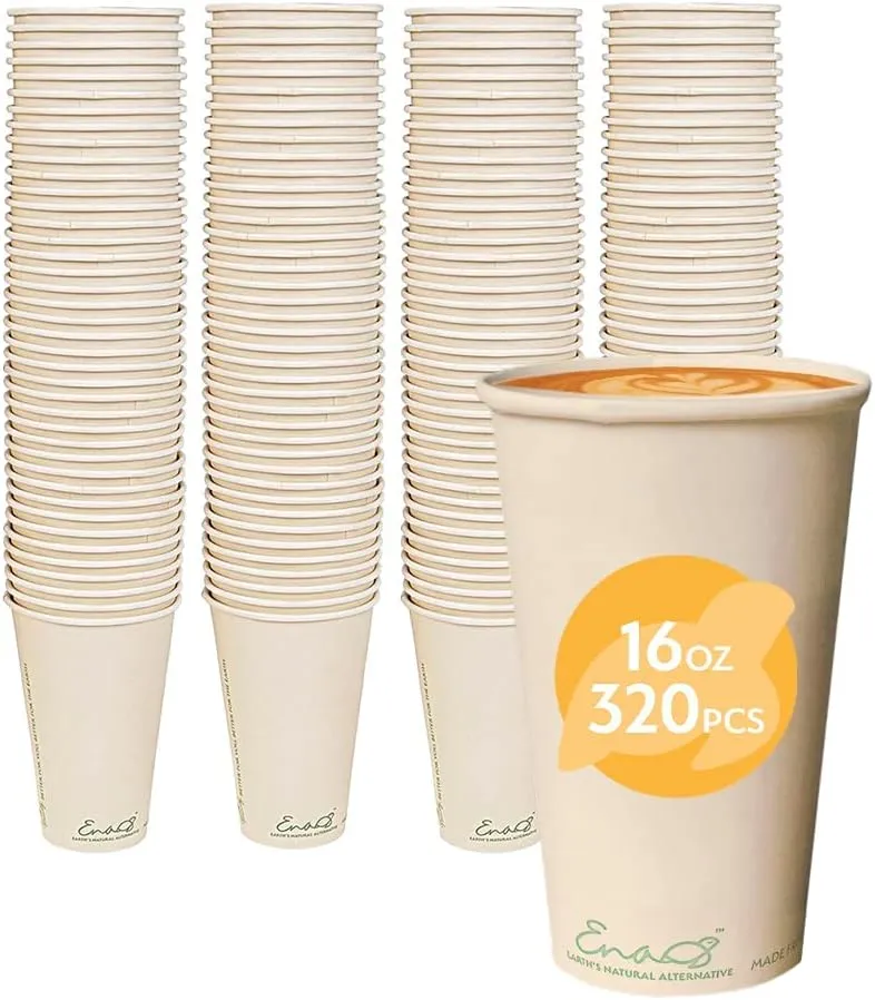 100% Compostable Disposable Coffee Cups 12oz or 16oz, 320 Pack Paper Cups Made from Bamboo, Eco-Friendly, Biodegradable Unbleached Party Cups