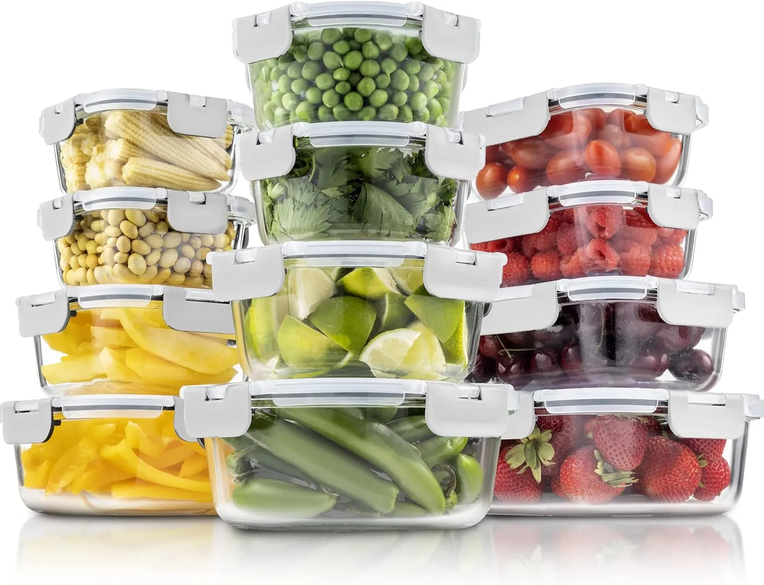 24-Piece Superior Glass Food Storage Container Set - Newly Innovated Hinged BPA-free Locking lids - 100% Leakproof