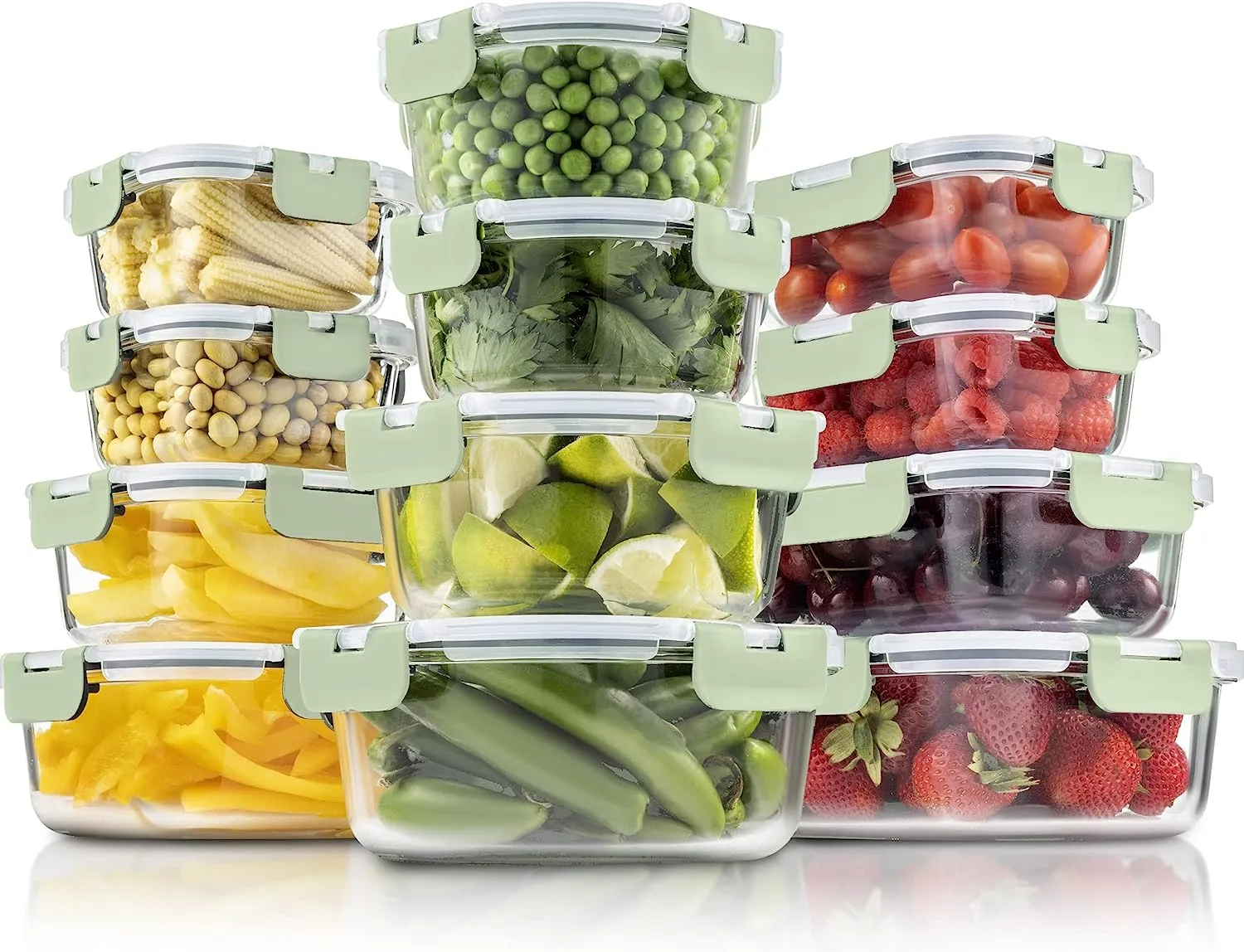 24-Piece Superior Glass Food Storage Container Set - Newly Innovated Hinged BPA-free Locking lids - 100% Leakproof