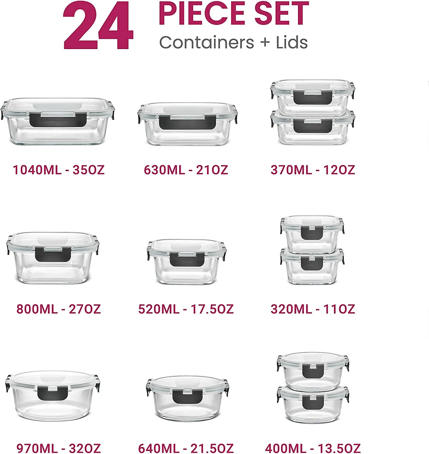 24-Piece Superior Glass Food Storage Container Set - Newly Innovated Hinged BPA-free Locking lids - 100% Leakproof