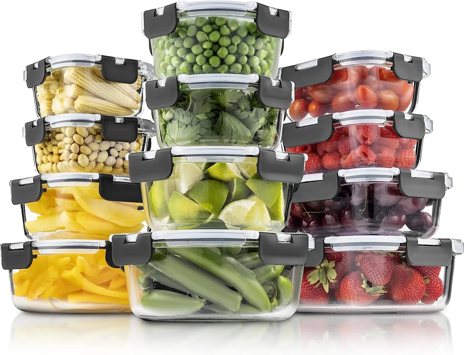 24-Piece Superior Glass Food Storage Container Set - Newly Innovated Hinged BPA-free Locking lids - 100% Leakproof