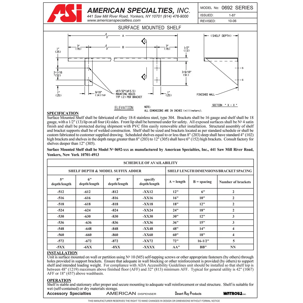 ASI 0692-860 Shelf - Stainless Steel - 8"D X 60"L - Surface Mounted