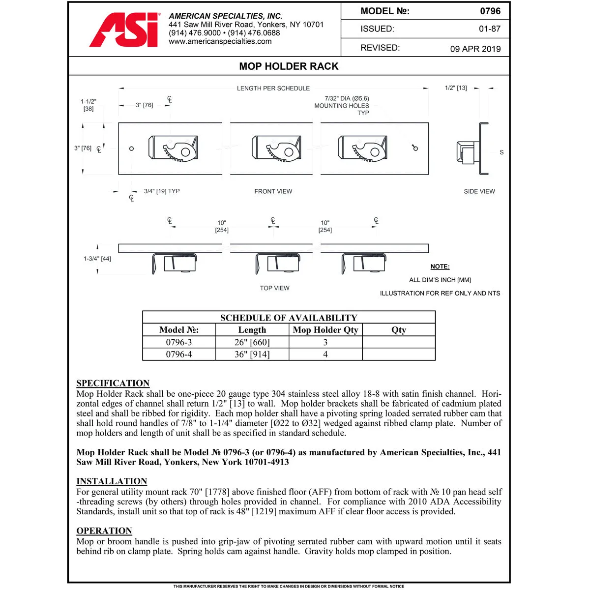 ASI 0796-3 Commercial Mop Holder Rack, Stainless Steel