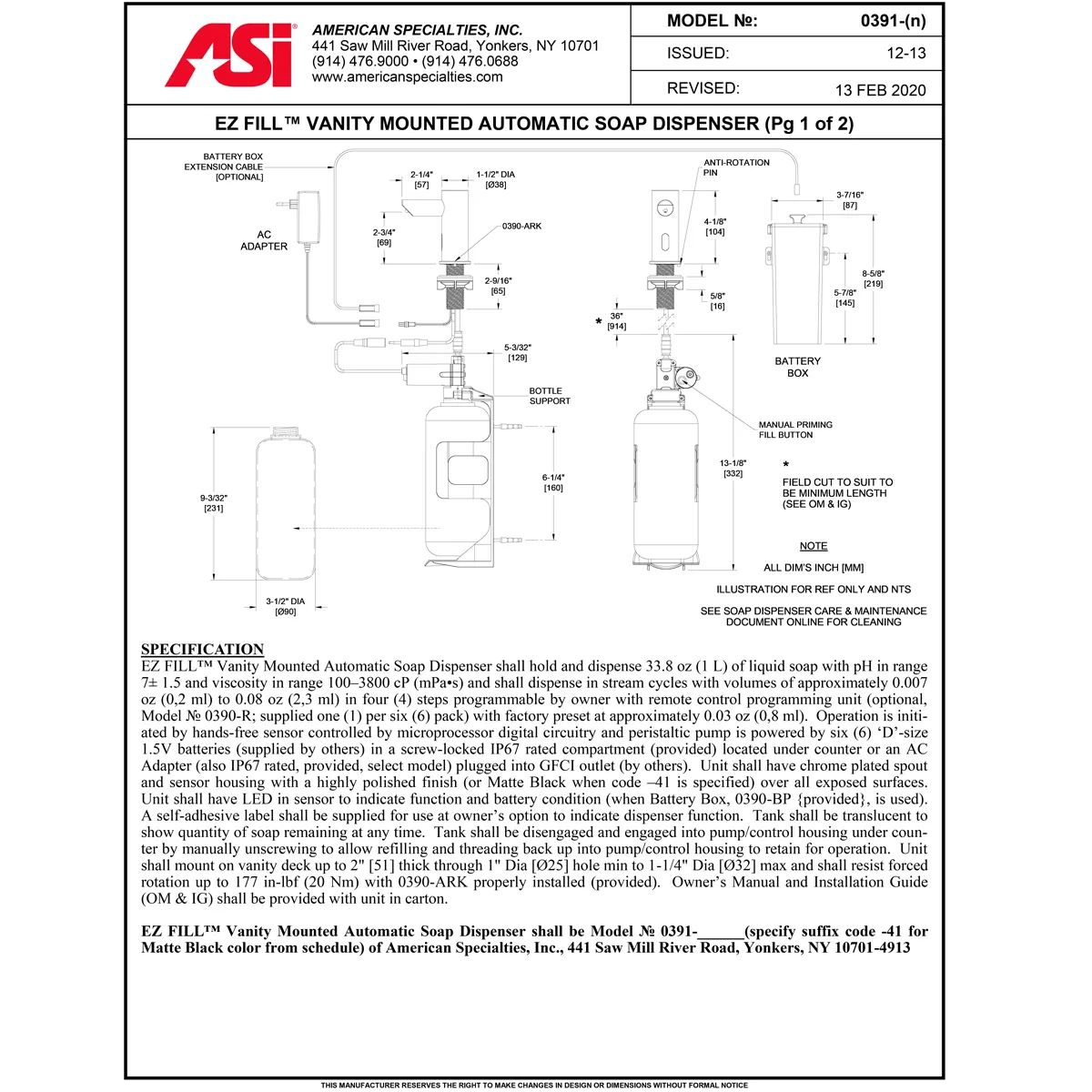 ASI 10-0391-1A EZ-Fill Individual Counter Mount Liquid Soap Dispenser, 1 Liter, Battery Operated - 2.25" Spout Length