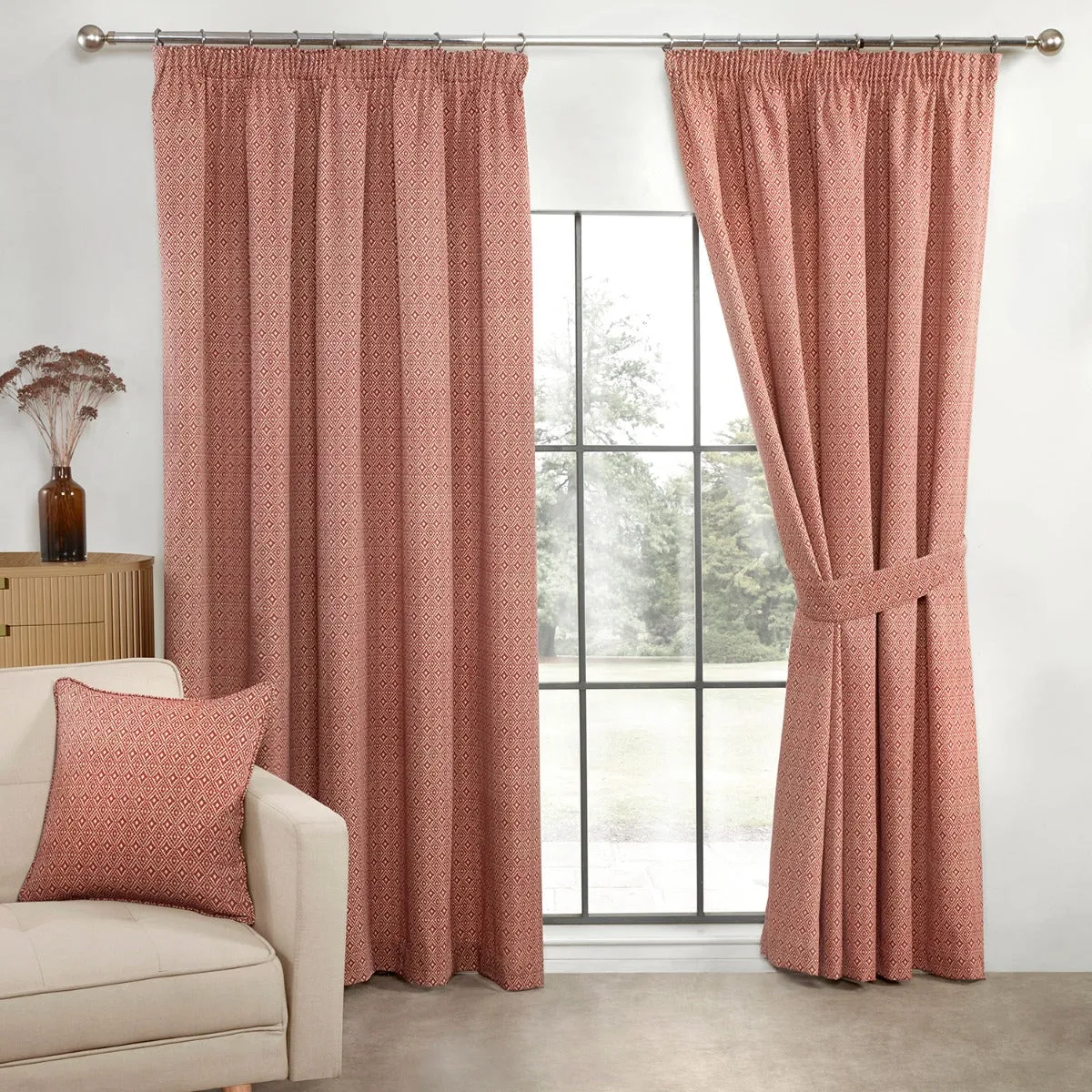 Aztec Salsa Red Pencil Pleat Curtains