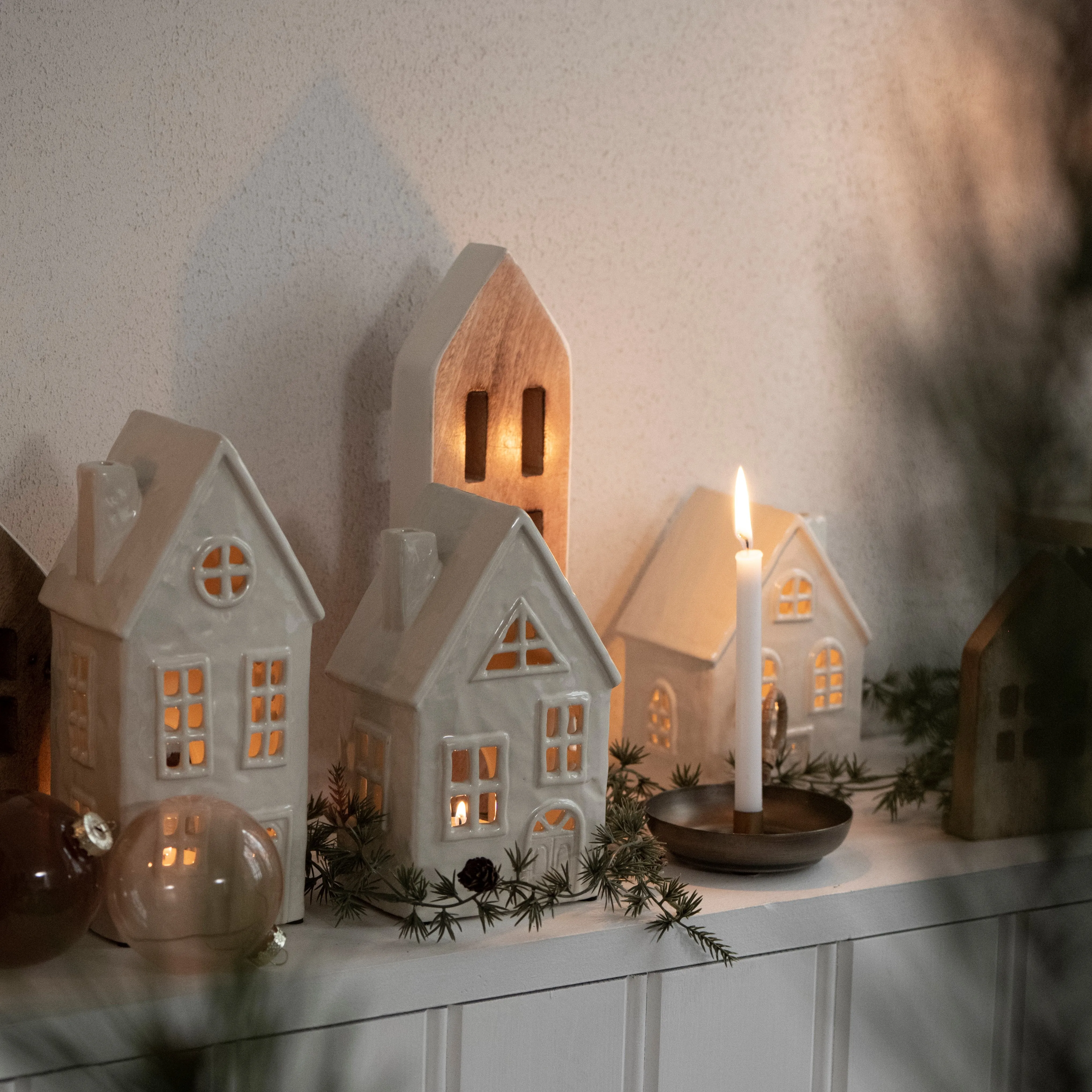 Ceramic House & Church Tealight Holders - Cream