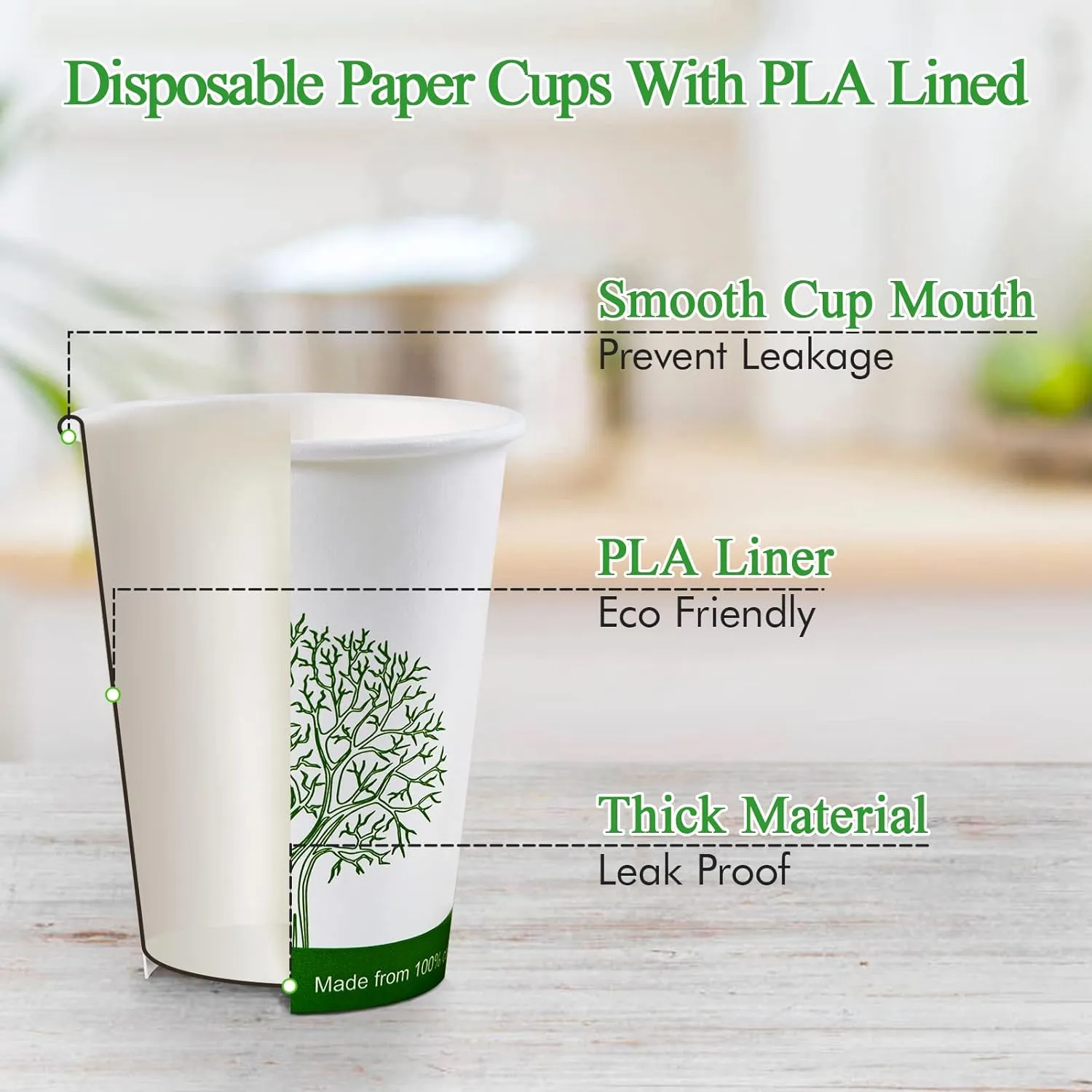 Compostable Paper Cups, Biodegradable Disposable Paper Coffee Cups with PLA Lined, Eco-friendly Hot Drinking Cups