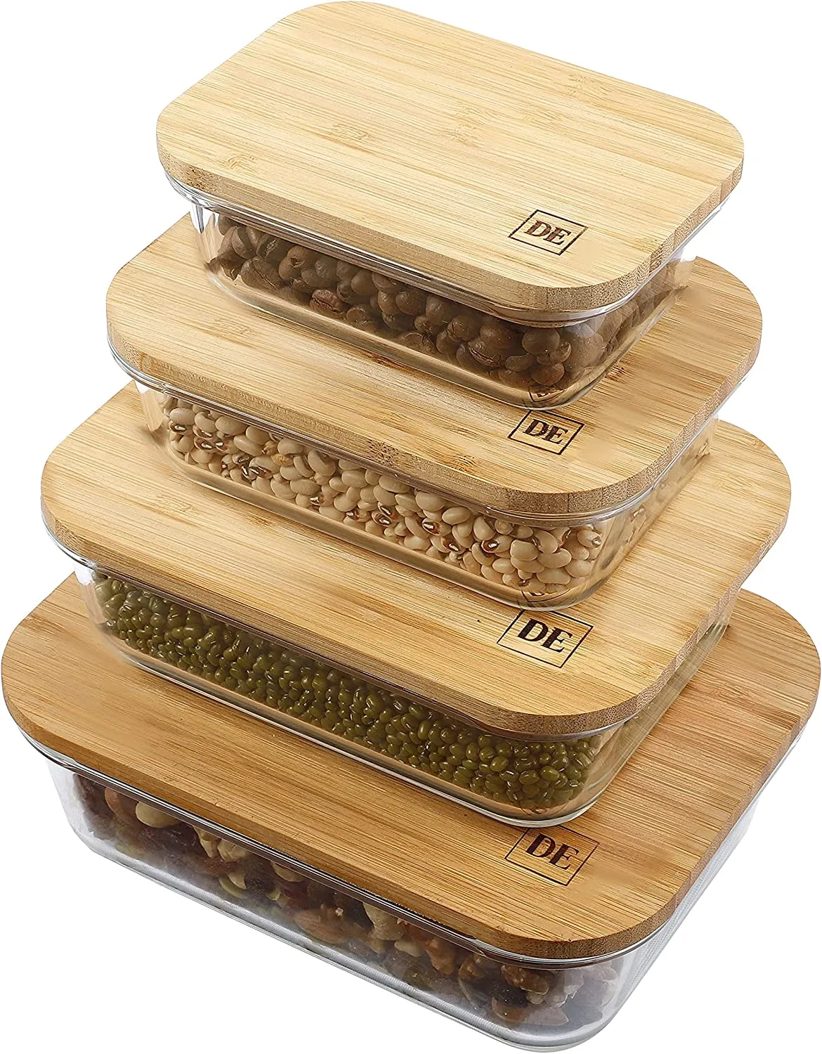 Set of 4 Eco-Friendly Glass Food Storage Containers with Stylish Bamboo Wooden Lids - Perfect for Kitchen Organization and Meal Prep