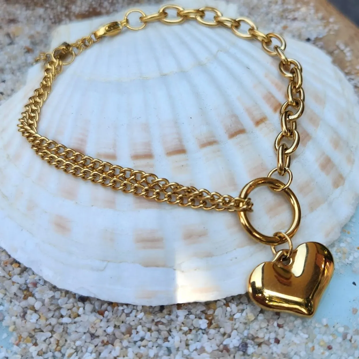 GOLD & SILVER HEART DOUBLE CHAIN LINK WATERPROOF BRACELET