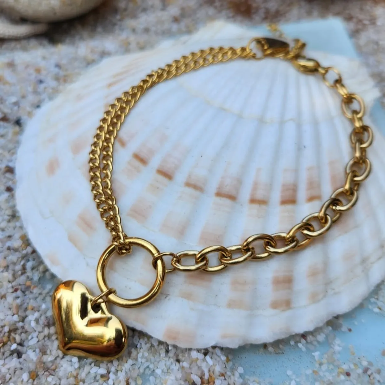 GOLD & SILVER HEART DOUBLE CHAIN LINK WATERPROOF BRACELET