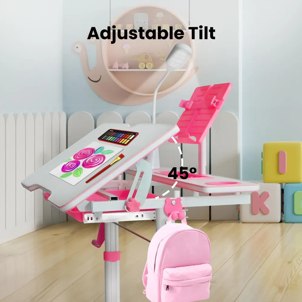 Height Adjustable Desk for Kids - Chair, Book Stand, Drawers, LED Lamp