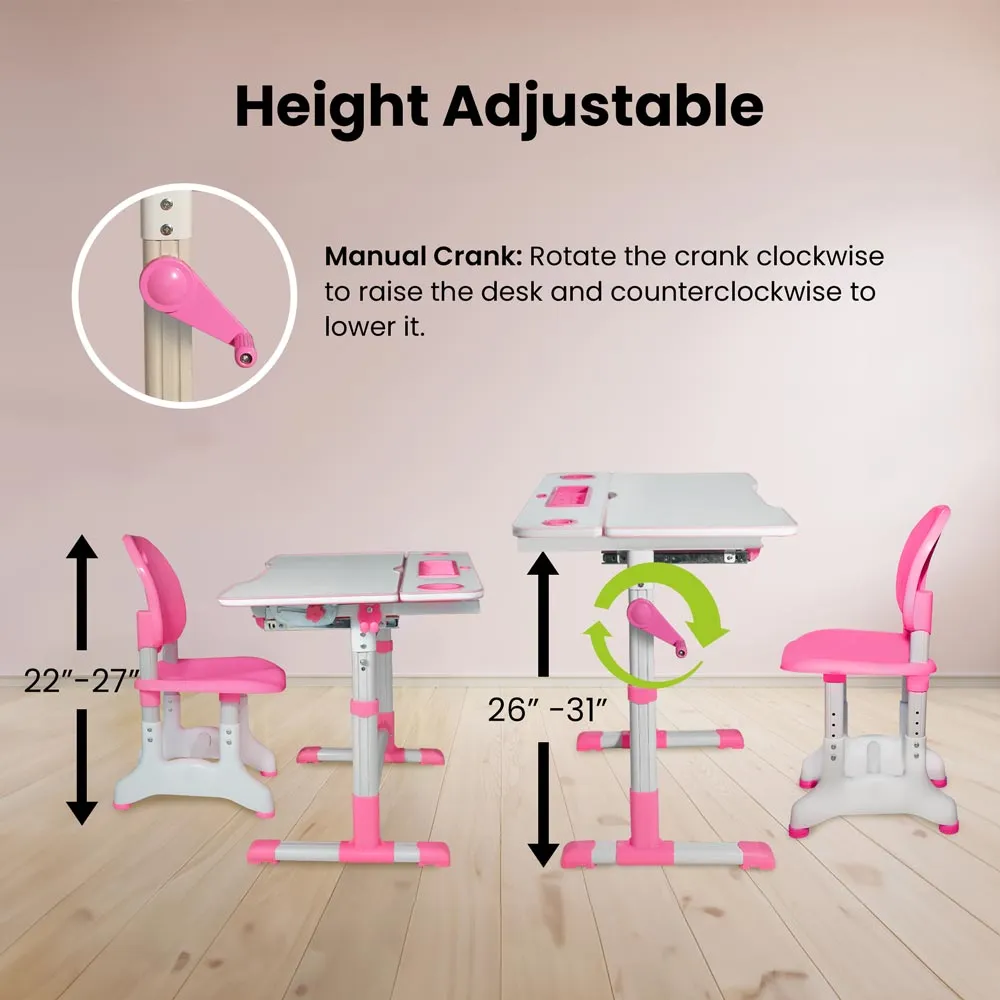 Height Adjustable Desk for Kids - Chair, Book Stand, Drawers, LED Lamp