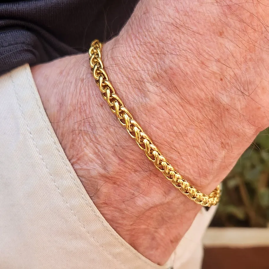 MEN'S 18K GOLD OR SILVER WATERPROOF WHEAT CHAIN BRACELET