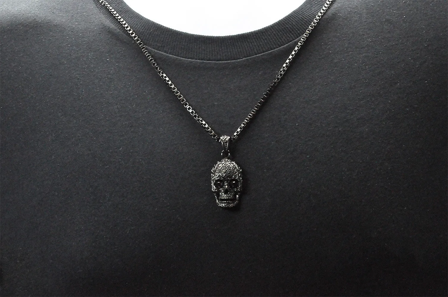 Mens Black Stainless Steel Skull Pendant With Black Cubic Zirconia