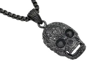 Mens Black Stainless Steel Skull Pendant With Black Cubic Zirconia