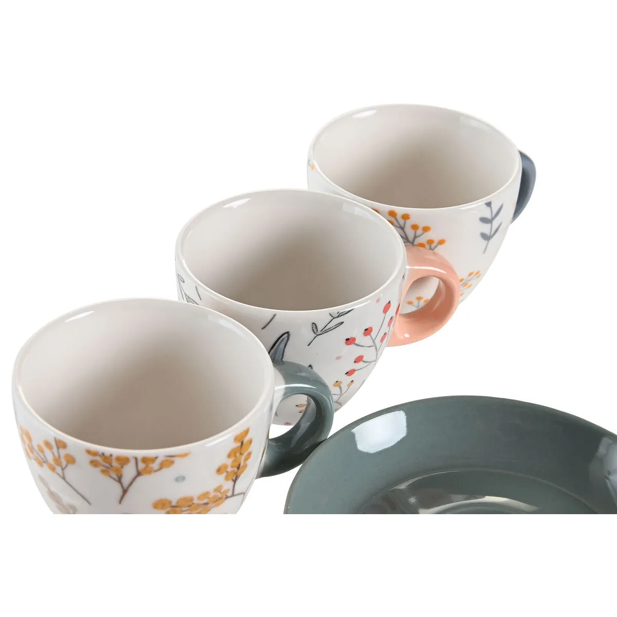 Set of Mugs with Saucers DKD Home Decor Blue Grey Multicolour Light Pink Porcelain 90 ml 11 x 11 x 2 cm (3 Units)