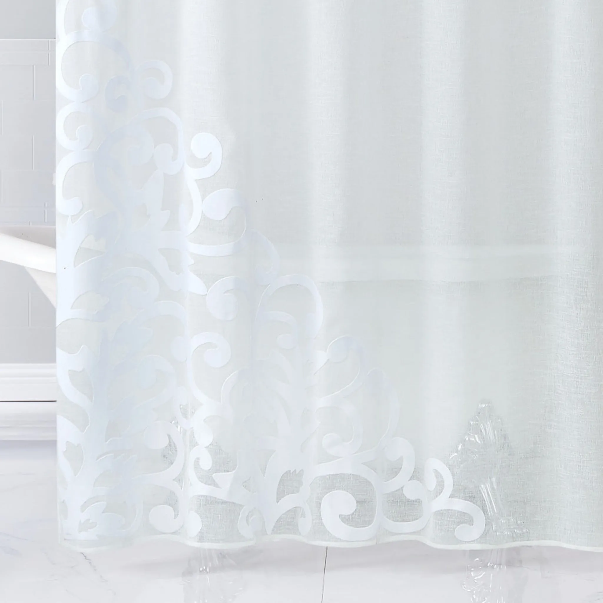 White Contemporary Velvet Scroll Shower Curtain